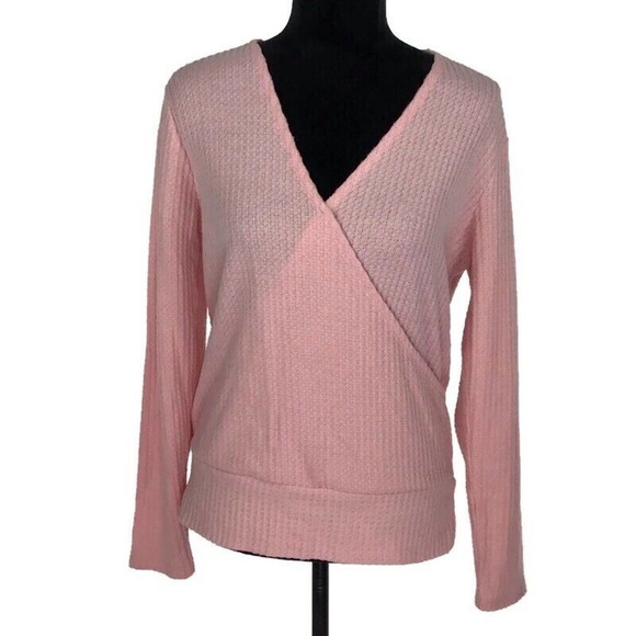 Gibson NEW Surplice Faux Wrap Top Blush Pink Waffle Knit Long Sleeve Size Large - Picture 2 of 5